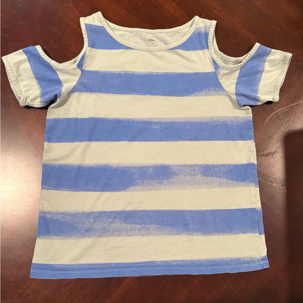 Tea Collection, Cold Shoulder Short Sleeve Striped Top, 100% Cotton Size 14